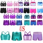 Us Kids Girls 2 Piece Sports Outfit Shiny Crop Top With Booty Shorts Dance Swim