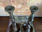 Pair English Victorian Barley Twist Wooden Candlesticks With Brass C1900