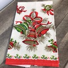 Vintage Retro Linen Christmas Kitchen Tea Towel Bells Holly Ribbon Ornaments