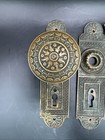 Victorian Eastlake Door Knob   Plate Matching Set Pair Lot Antique Bronze