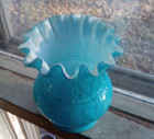 Antique 1880s Blue Cased Glass Floral Miniature Lamp Shade With Ruffled Rim