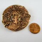 Vintage Art Nouveau Lady With Flowers Brass Pin Antique Brooch French Casting