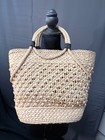 Natural Woven Straw Beach Tote Bag Purse Flower Applique Vinyl Lined Pre-owned