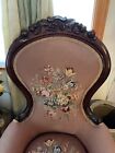 Antique Victorian Chair Needle Points Floral Old Rose   Fancy Carvings On Wood 