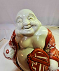 Vtg Chinese Buddha Porcelain White Red Flower Open Mouth Smile Figurine W Marked