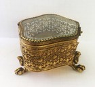 Vintage Filigree Ormolu Gold Gilt Jewelry Casket box Lion Feet Beveled Glass