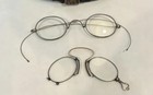 Lot Of 2 Pairs Antique Wire Rimmed Eyeglasses Stemless With Curved Loop Case