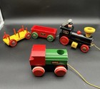 Group Of 4 Vtg Brio Wooden Toy Train Cars -  Inc Black Engine W Pop-up Engineer