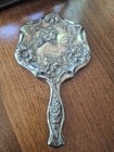 Antique Ornate Art Nouveau Floral Hand Mirror Silver Plate Glass  