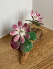Vintage Copper Enamel Sculpture Pink Petal Flowers Floral On Wood Signed Watkins