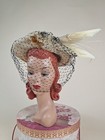 Vintage 1940s Lilly Dache White Straw Hat With Bird Wing Feathers Dramatic Veil