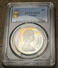 1967 Canada Silver Dollar  Pcgs Ms-62  Monster Rainbow Toning On Obverse  Goose