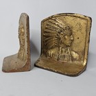 Antique Cast Iron Native American Indian Chief Bookends 5  Vintage Brass Overlay