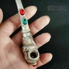 Old Chinese Tibet Silver Hand-carved Dragon Phoenix Inlay Gem Pipe Smoking Tools