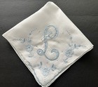 A  Vintage White Hankie Pale Blue Monogram L Madeira Hand Embroidered Wedding