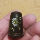 Rare   Antique Victorian Black Plastic Thimble W handpainted Rose   White Daisy