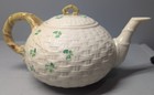 Vintage Belleek Shamrock Teapot Basketweave 7th Gold Mark