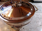 Vtg Silver Plated Footed Casserole Chaffing Dish Holder  With Lid And Glass Bowl