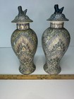 Pair Of Antique Chinese Blue  Green  White Porcelain Vases W lids Made In Macau