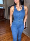 Premium Denim Jumpsuit - Sleeveless Button Front One-piece Romper - High Stretch