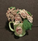 Vintage Handmade Beaded Flowers 3 Bouquets white silver  With Green Leaves 