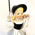 Vtg Planter Girl W  Parasol Umbrella  Mcm Pink Roses Black White Gold Accents