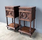 Pair Of 34  Tall Antique French Breton Nightstands With Marble Tops In Chestnut