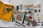 Lot Of Vintage Sewing Notions  Thread  Needles  Thimbles In Yellow Box