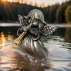 Vtg Daria Pewter Flying Angel Gold Tone Trumpet 3d Flying Angel Brooch
