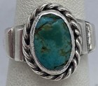 Vintage Navajo Handmade Sterling Silver Oval Turquoise Rope Ring Size 7