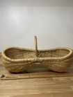 French Style Wicker Harvest Gathering Basket With Bamboo Handle Vintage