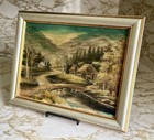 Vintage Japanese Silk Embroidery Framed Landscape Wall Hanging Art Cottage Scene