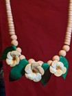 Vintage Wood Flower And Leaf Carved Beaded Necklace