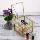 Vintage Glass Jewelry Trinket Box - Geometric Golden Vanity Organizer Holder Wit