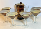 Vtg Tortoiseshell Art Glass Pitcher   Stirrer   6 Cocktail Glasses Mcm-rare Set