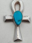 Vintage Navajo Sterling Silver Big Sand Cast Turquoise Ankh Pendant