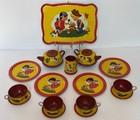 Vintage Ohio Art Tin Litho Child s Tea Set Girl Boy Dog In Garden 18 Piece Set