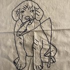 Vintage Tan 12 5x 13   fabric Panel Black Embroidered Dog With Fishing Pole   Fish