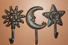 3pc Celestial Design Wall Hooks sun Moon Star kitchen-bath Decor h-16 27b 82b