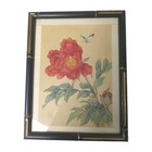 Vtg Chinese Silk Paintings Framed Pair Peony Botanical Faux Bamboo Mid Century
