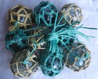 Japanese Glass Fishing Floats 3-3 5  Netted Lot-9 Aqua   Yellow Nets Long String