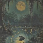 Vintage Frog Firefly Moon Wall Art  Celestial Amphibian Swamp Toad Pond Decor