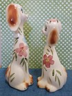 Pair Of Vintage Mid-century Long-necked Ceramic Dogs With Floral Motifs