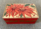 Vintage Christmas Tin Container W hinged Lid Poinsettia Gold Interior W floral