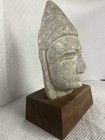 Antique Asian Carved Gray Stone Head Sculpture Figurine 6 5    On 1 7    Wooden Base