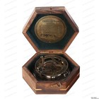 Vintage Brass Sundial Compass     Engraved Navigation Instrument With Wooden