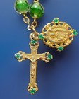 Vintage Catholic Green Glass Chaplet  Gold Tone Enameled Crucifix   Mary Medal