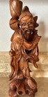 Vntg Chinese Carving Shou Lao Statue W inlay Eyes   Teeth 14  Tall