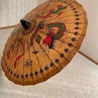 Vintage Asian Rice Paper Bamboo Umbrella Hand Painted