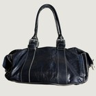 Vintage Y2k Black Leather Barrel Satchel Bag Contrast Stitch Buckle Detail Large